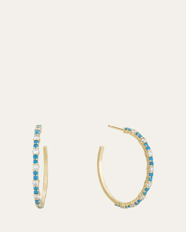 Small Turquoise and Diamond Hoop Earrings, 30mm